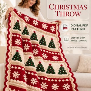 May include: A crochet Christmas throw blanket featuring alternating horizontal bands of cream and red yarn. The design includes repeating patterns of green Christmas trees and white snowflakes with a scalloped edge. Text reads InspireArtistic CHRISTMAS THROW DIGITAL PDF PATTERN STEP-BY-STEP IMAGE TUTORIAL.