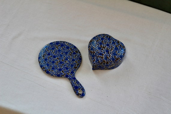 vintage blue flower ceramic heart shaped jewelry … - image 1