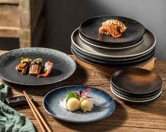 Platos llanos de porcelana de estilo japonés/platos para servir aperitivos de estilo retro/plato de postre asiático