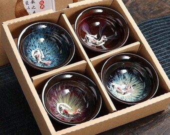 Ensemble de 4 tasses à thé chinoises en céramique de kung-fu | Petite tasse à thé asiatique faite main de poisson koi