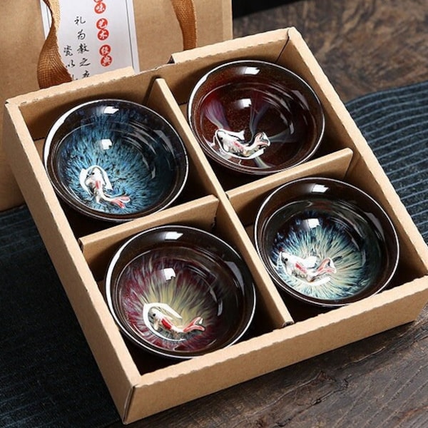 Ensemble de 4 tasses à thé chinoises en céramique de kung-fu | Petite tasse à thé asiatique faite main de poisson koi