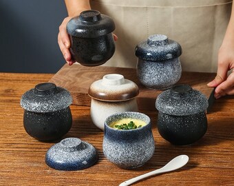 Porcelain Chawanmushi Cup with Lid | Japanese Style Stoneware Steamed Egg Cup | 8.5 oz Dessert Pot