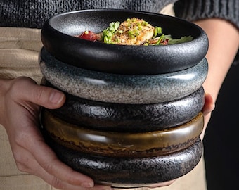 Bol contemporain en porcelaine de style japonais | Vaisselle asiatique à texture rétro | Bol empilable de service de pâtes