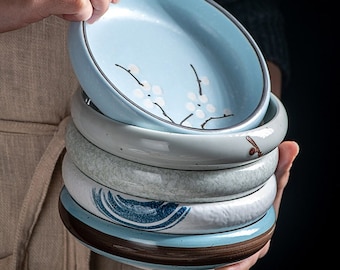 Blue,White Porcelain Japanese Style Pasta Bowls | Asian Dinner Plates | Aesthetic Rice Bowls |  Dessert Serving Plates