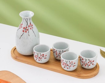 Ceramic Traditional Cherry Blossom Sake Set | Porcelain Sake Bottle and Cups | Cute Sake Serving Set | Gift for Christmas