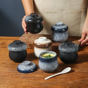Porcelain Chawanmushi Cup with Lid | Japanese Style Stoneware Steamed Egg Cup | 8.5 oz Dessert Pot