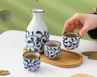 Japanese Modern Asian Ceramic Sake Set | Contemporary Sake Carafe and Cups | Japanese Wine Serving Set | Christmas, Housewarming Gifts