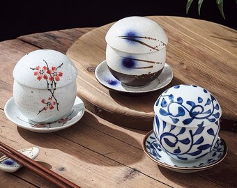 Japanese Style Egg Cooker Cup with Lid and Plate | Elegant Ceramic Chawanmushi Bowl | Steamed Egg Bowl | Custard Bowl