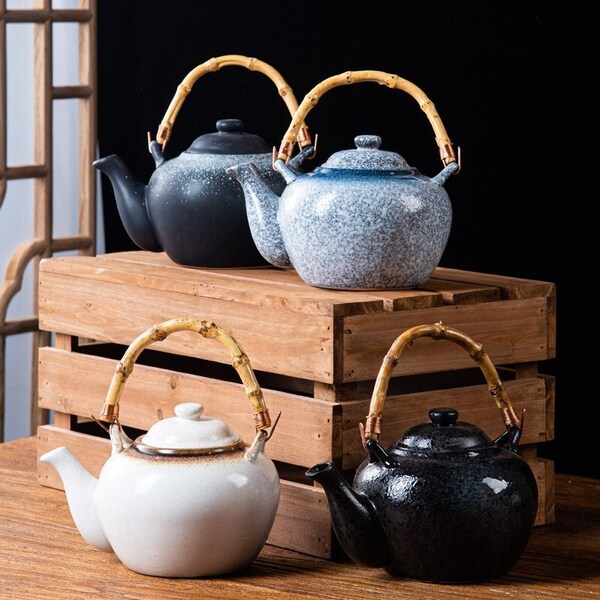 Japanese Asian Ceramic Tea Set | Teapot with Bamboo Handle Tea Set | Retro Style Tea Cup