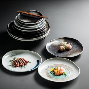 Creative Irregular Ceramic Dinner Plate | Large Rustic Style White, Black Dinnerware | Modern Japanese Style Fine Dining Serving Plate