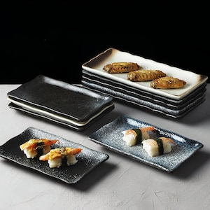 Japanischer Stil Rechteckig Blau, Weiß, Schwarz Servierplatten | Asiatische Porzellan Lange Sushi Servierplatte | Serviertablett für Vorspeisen, Foodie Geschenk