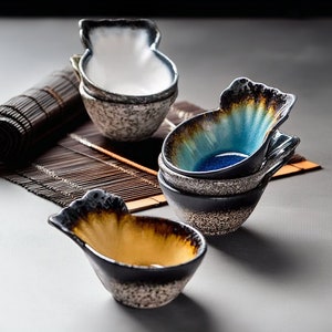Asian Fish Shaped Retro Porcelain BBQ, Wasabi, Soy Sauce Bowl with Handle | Blue, Green Yellow Aesthetic Collectable Dipping Bowls