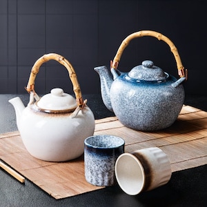 Japanese Asian Porcelain Tea Set | Aesthetic Blue, White, Black Teapot with Bamboo Handle Tea Set | Retro Style Chic Tea Cups | Housewarming