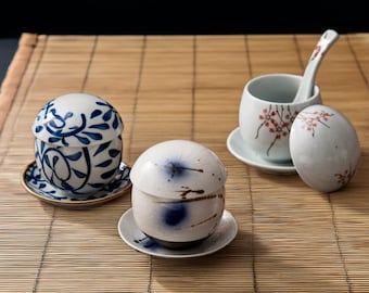 Japanese Ceramic Chawanmushi Bowl with Lid & Plate