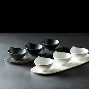 Modern Ceramic Serving Set with Sauce Bowls and Tray | Black and White Asian Pottery Condiment, Snack, Soy Sauce Serving Dishes