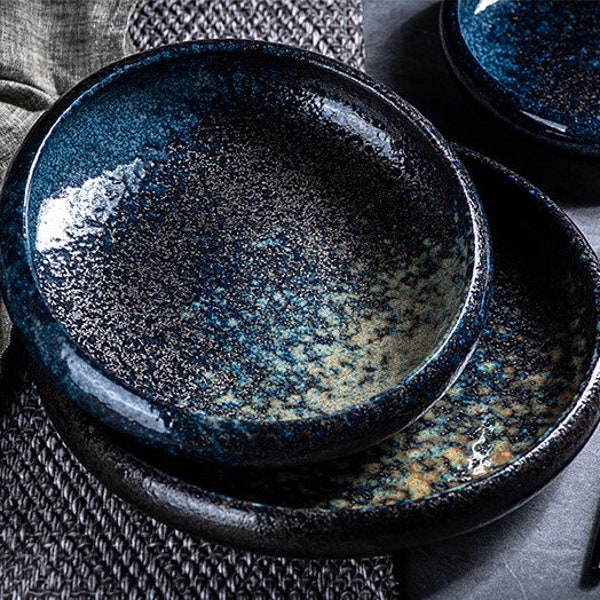 Porcelain Japanese Retro Bowl | Fine Dining Bowl | Asian Kiln Altered Plate | Aesthetic Blue Dinnerware