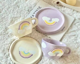 Pastel Colored Rainbow Coffee Mug with Saucer | Handmade Thick Ceramic Cute Cup |  Cloud Painted Dessert Plate