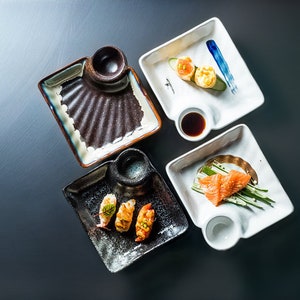 Ceramic Japanese Sushi Dumpling Plate | Contemporary Plate with Sauce Holder | Asian Serving Plates for Snacks | Japandi Tableware