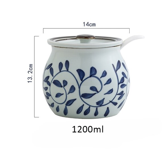 花柄セラミックティーキャニスター：青と白のスパイスジャー、蓋と