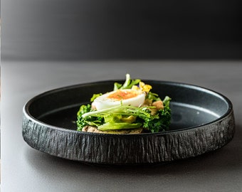 Elegant Shallow Ceramic Pasta and Salad Bowl | Black and White Deep Plate for Soup | Modern Table Settings for Christmas, Housewarming
