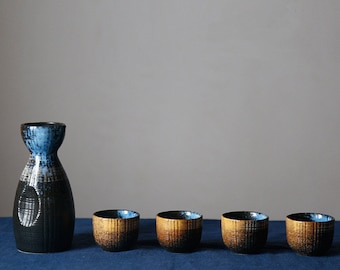 Traditional Japanese Sake Set | Ceramic Sake Set Cups and Bottle | Elegant Black Sake Decanter Set