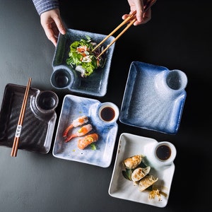 Asian Porcelain Plate with Sauce Compartment | Aesthetic Plate for Gyoza, Sushi, Sashimi, Snacks, Fries | Japanese Style Dumpling Plate