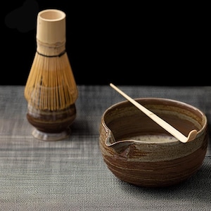 Handcrafted Brown Ceramic Matcha Set: Bowl with Spout, Whisk, Scoop