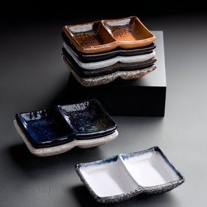Contemporary 2 Grid Porcelain Seasoning, BBQ, Soy Sauce Dishes | Japanese Style Divided Dipping Sauce Bowls | Retro Style Appetizer Plate