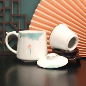 Elegant Ceramic Tea Mug with Lotus Flower Design, Infuser, and Lid - Perfect for Loose Leaf Tea Brewing