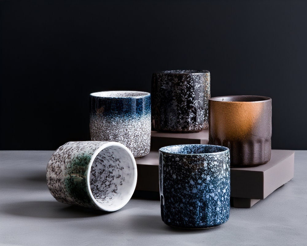 Asian Porcelain Handleless Green Tea Cup | Japanese Retro Style No Handle Coffee, Latte Mug | Porcelain Small Black, Blue White Tea Cups