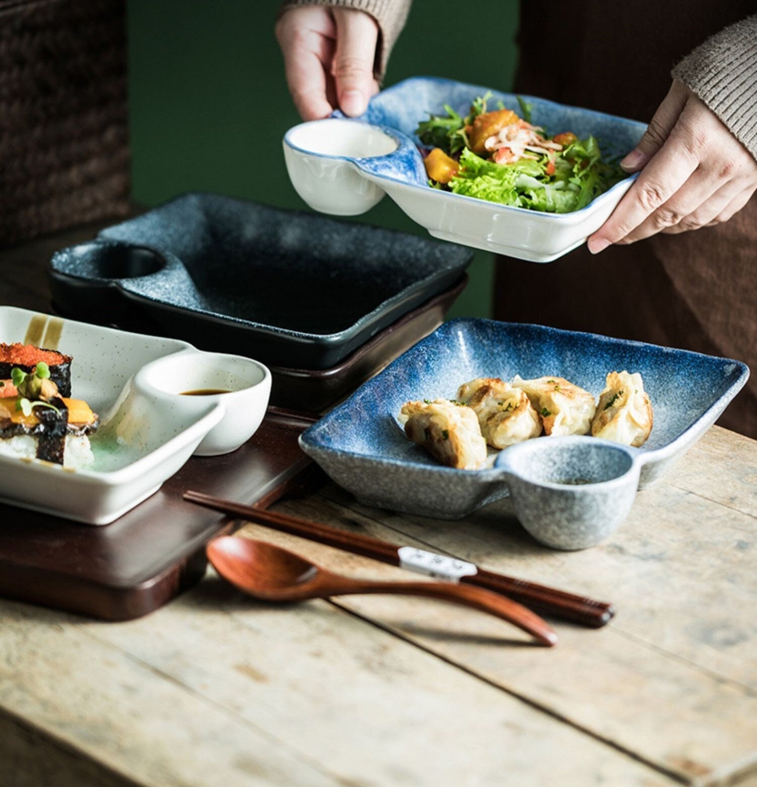 Japanese Style Ceramic Porcelain Sushi Plate Set - 6 Piece