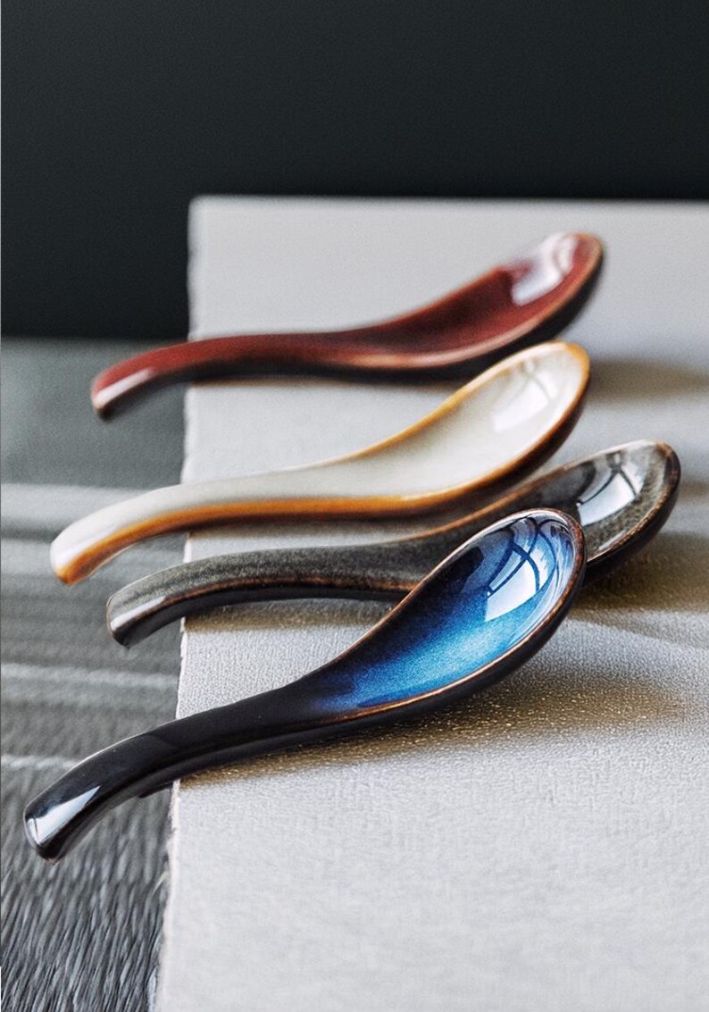 Aesthetic Asian Ceramic Pho, Ramen Noodle Spoons | Elegant Ceramic Soup Spoons | Red, Blue Spoon for Cereal