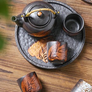 MIAMIO Japanese Tea Set – 21 Oz Teapot With Infuser & 6 Cups (3.4 Oz) – Ceramic With Wooden Handles & Tray (Black)