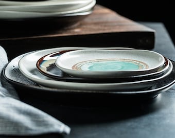 Creative Irregular Ceramic Plate | Large Rustic Shape Dinnerware Dish | Modern Japanese Style Plate Set