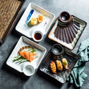 Ceramic Japanese Sushi Dumpling Plate | Contemporary Plate with Sauce Holder | Asian Serving Plates for Snacks | Japandi Tableware