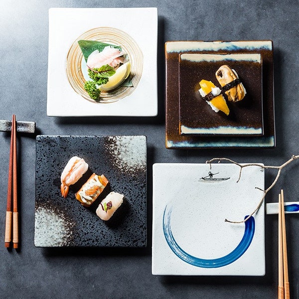 Piatti piani quadrati moderni in ceramica / Piatto asiatico estetico per bistecche, pasta, snack, dessert, piatti di antipasti