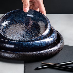 Porcelain Japanese Retro Shallow Bowl | Fine Dining Dinner Serving Bowl | Asian Kiln Altered Deep Plate | Aesthetic Blue Dinnerware