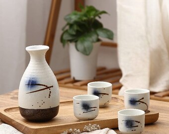 Contemporary Ceramic Sake Set | Aesthetic Sake Carafe and Cups | Japanese Style Sake Set