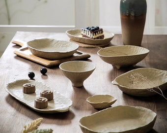Handmade Japanese Ceramic Dinnerware-Asian Style Irregular Shape Dishware-Stoneware Japandi Style Tableware-Steak/Pasta/Salad/Fruit Bowl