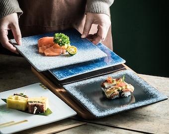 Contemporary Square Porcelain Flat Plates | Asian Sushi Serving Platters | Japanese Style Sashimi Serving Tray