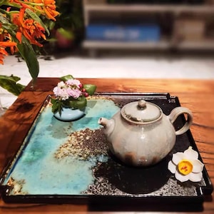 Handcrafted Square Sushi Tray with Unique Glazed Finish | Decorative Black, Blue Ceramic Platter | Rustic Artistic Square Dinner Plate