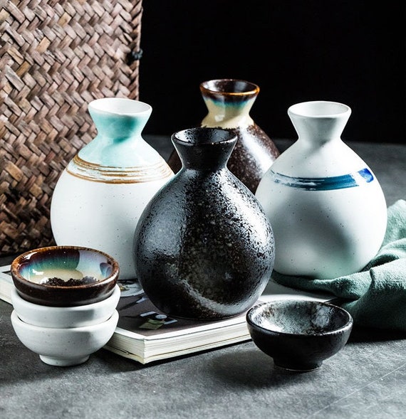 Retro japanischen Stil Keramik Sake Set Weiß, Türkis Elegante Sake