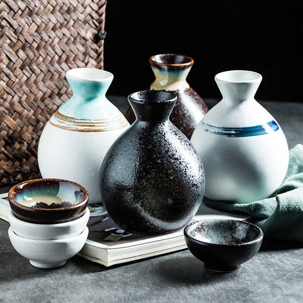 Retro Japanese Style Ceramic Sake Set | White,Turquoise Elegant Sake Bottle | Rustic Brown Sake Cups, Bottle | Black Sake Pitchers