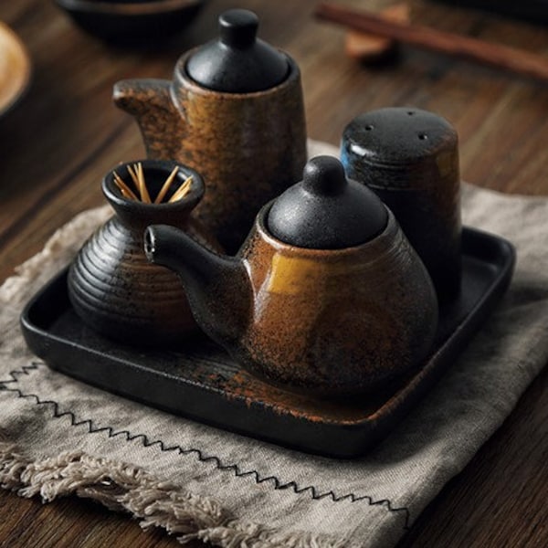 Japanese Style Ceramic Seasoning Set | Retro Style Spice Jars | Aesthetic Soy Sauce Dispenser | Ceramic Toothpick Holder