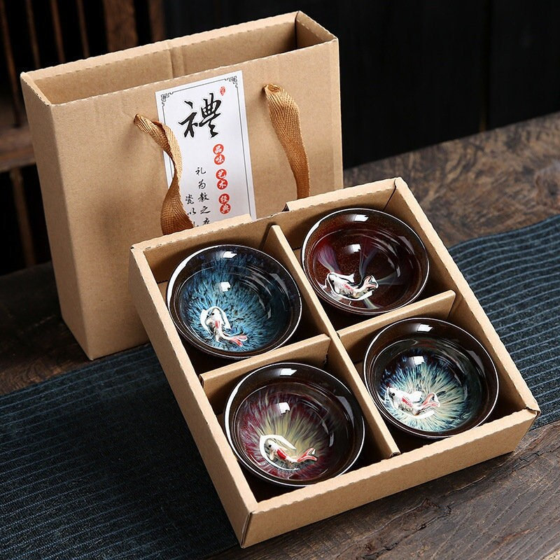 Chinese Kung Fu Ceramic Tea Cup Set of 4 Asian Handmade Koi - Etsy