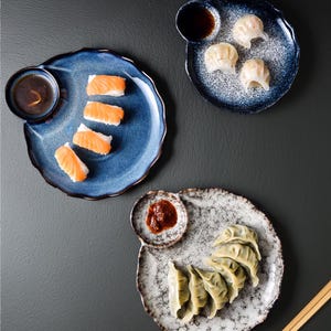Asian Porcelain Plate with Built-In Sauce Dish |  Sushi Plates for Appetizers, Sides, and Dips | Handmade Rustic Round Plate