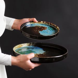 Elegant Artisan Rustic Blue Ceramic Dinner Plates with High Edge | Unique Handcrafted Plates for Serving Meals, Appetizers, and Desserts