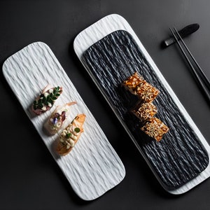 Modern Long Rectangular Ceramic Plate for Elegant Dining, Sushi, Appetizers, Desserts, and Gourmet Dishes | Black, White Asian Pottery Gift