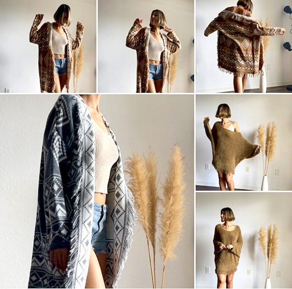 Boho Aztec Print Cardigan Open Front Sweater Knit Cardigan With Fringes Tribal Print Sweater Long Sleeves Casual Cardigan Etsy
