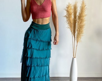 Viscose Ruffled Maxi Skirt • Layered Skirt • Vintage Style Skirt with Fringes • Elastic Waistband • Casual Maxi Skirt • Everyday Wear